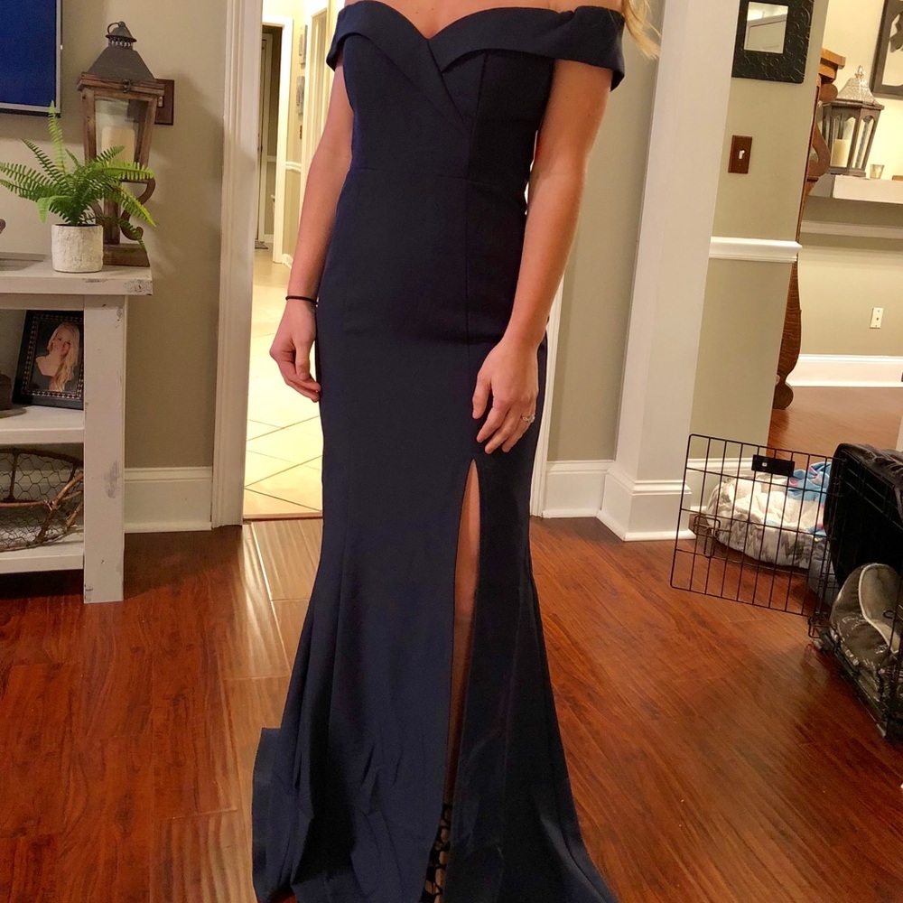 Navy gown off the shoulder with slit